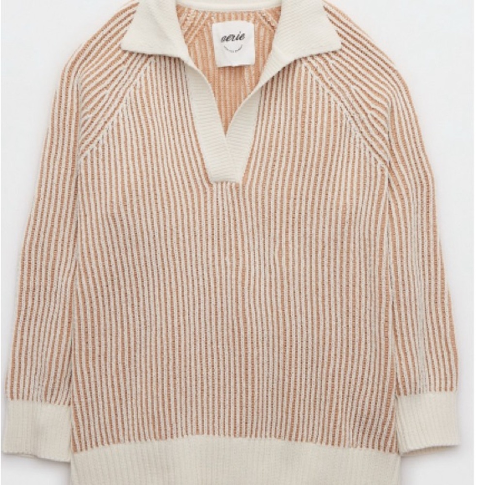 Women's Cream and Tan Striped Sweater